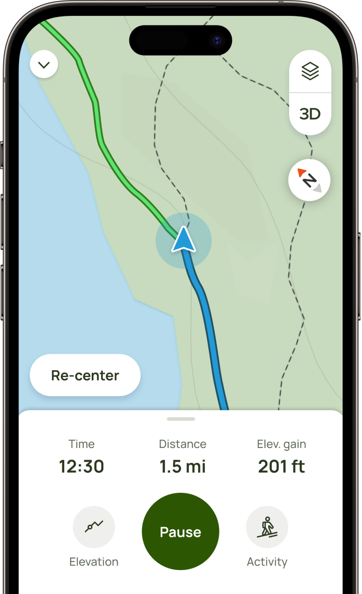 An active navigation session is displayed on a phone screen. The trail map shows a blue arrow to indicate the person’s GPS location. A green line in front of the arrow shows where the person is headed and a blue line behind the arrow indicates where they’ve been. Below the map, tracked time, distance, and elevation gain are displayed, along with a button to pause navigation.