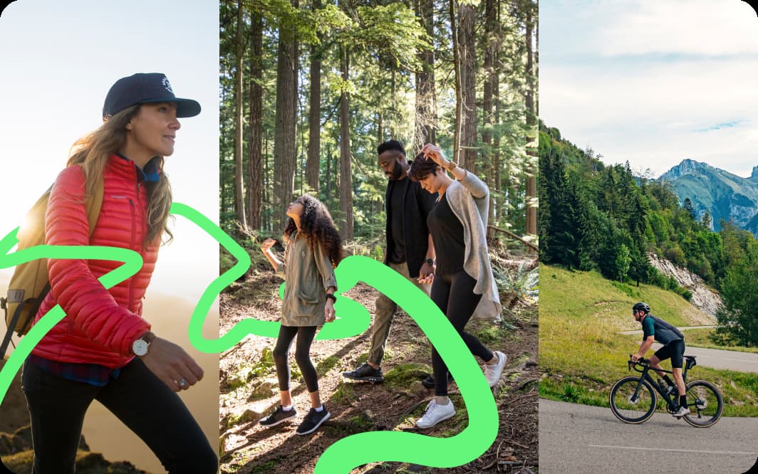 Various individuals and groups enjoy different activities in nature: a backpacker steps forward with a smile, a family walks leisurely through a pine forest, and a cyclist begins their ascent up a lush mountain road.