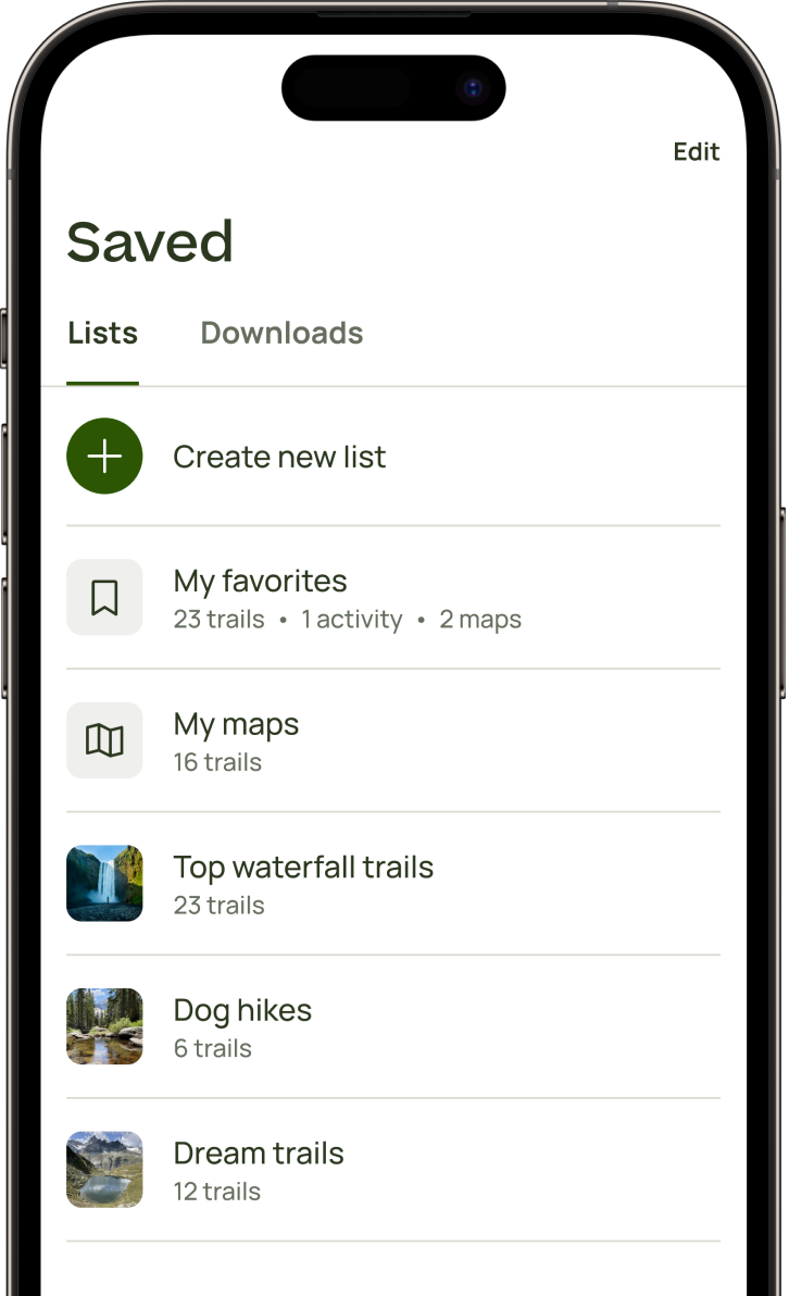 A collection of saved trail lists is displayed on a phone screen. List titles include: “My favorites,” “My maps,” “Top waterfall trails,” “Dog hikes,” and “Dream trails.” At the top is a button to create a new list.