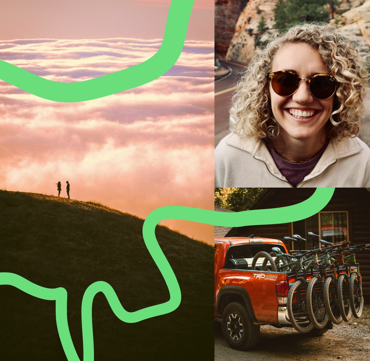 Three images depicting two people on a hill, a person smiling, and bikes on the back of a truck