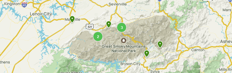 Map of scenic driving trails in Great Smoky Mountains National Park